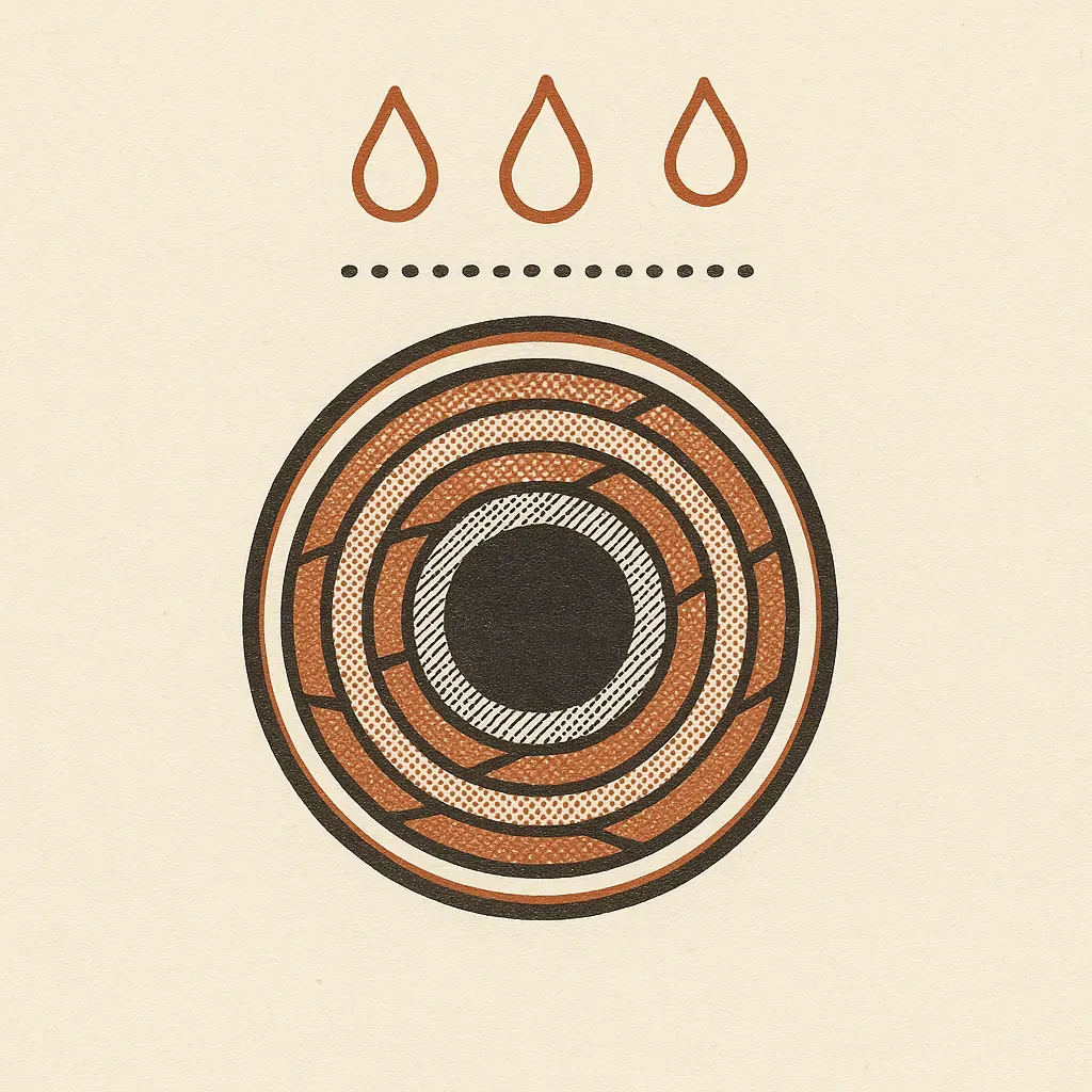 A fibre cross-section drawn as concentric rings — a solid dark core, a hatched inner ring, two stippled copper bands broken into segments, and a heavy dark outer ring — with three copper droplet outlines above it, held back by a dotted line that none of them crosses.