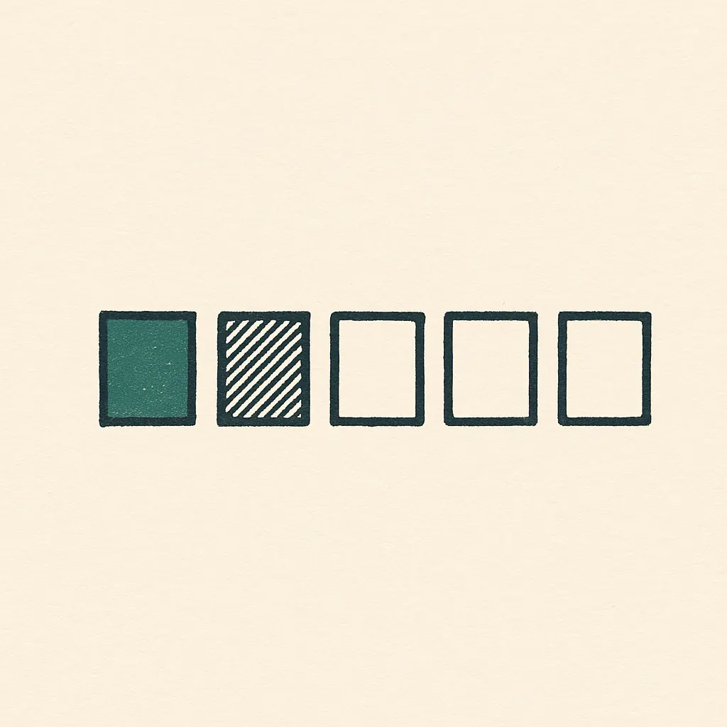 A row of five identically sized outlined rectangles: the first filled solid, the second filled with diagonal hatching, the remaining three left as empty outlines.