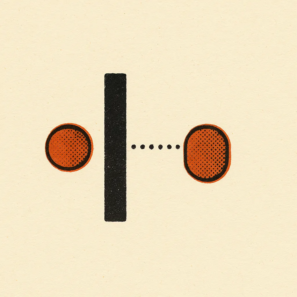 One heavy black vertical rule down the middle of a bone-coloured plate, with an orange halftone disc on either side of it; the right-hand disc is the larger of the two and is joined to the rule by a short dotted measure line.