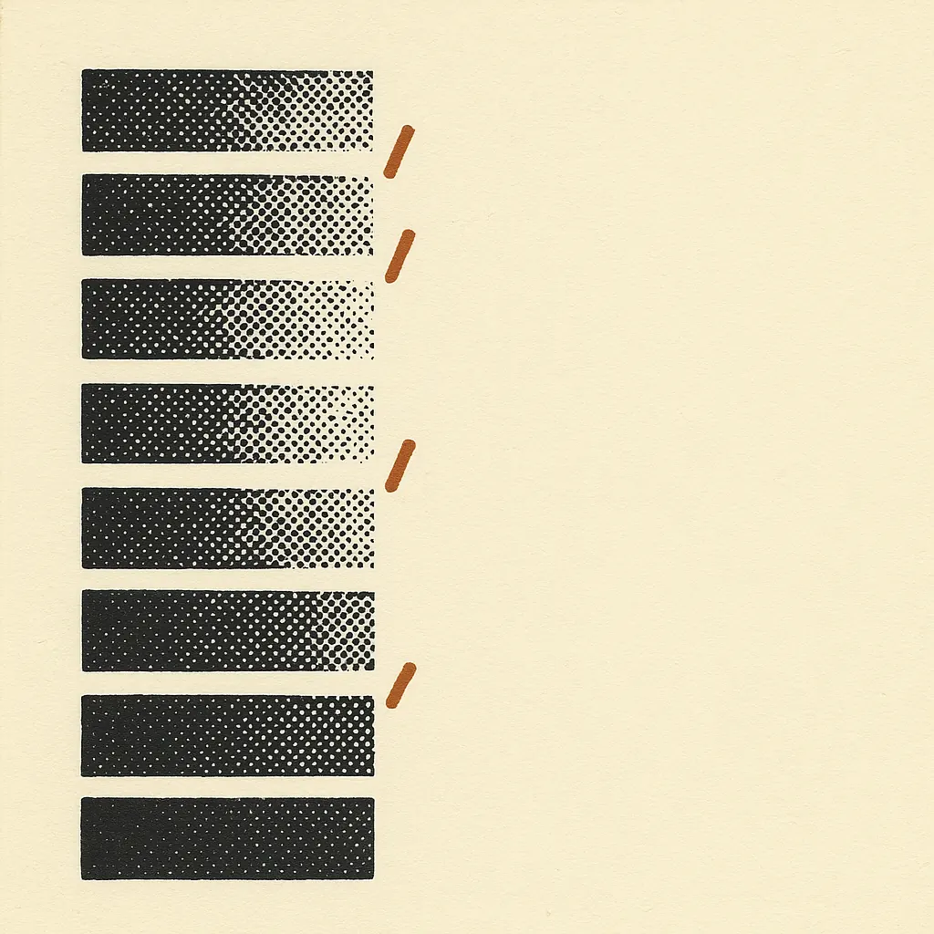 Eight stacked horizontal bands printed in black halftone dots, densest at the foot of the stack and most open at the top, with four short copper ticks set in a column down their right-hand edge.
