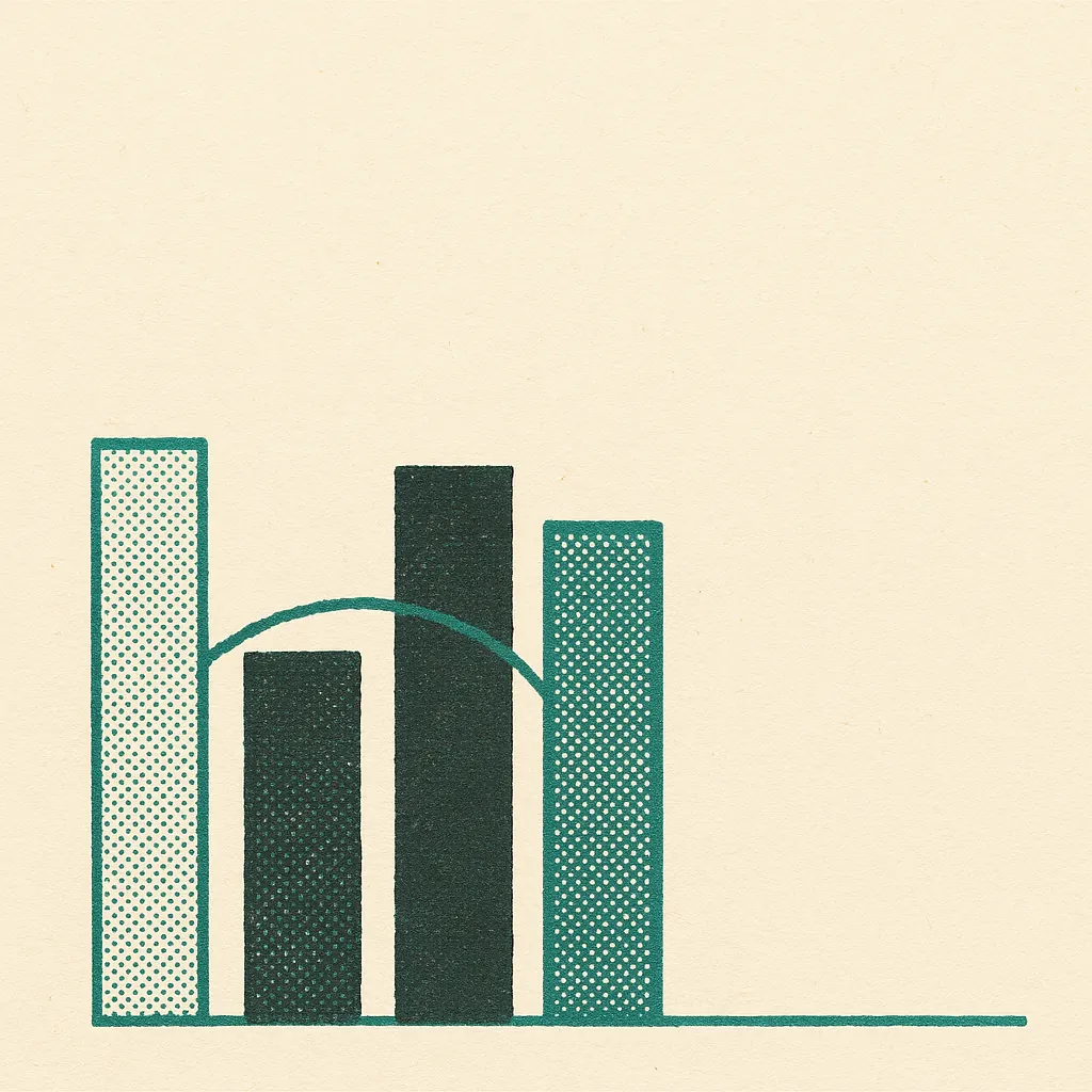 Four upright bars of different heights and widths standing on one ruled baseline, each filled with a different density of halftone stipple, with a thin arc springing from the first bar, passing over the second and third, and meeting the fourth.