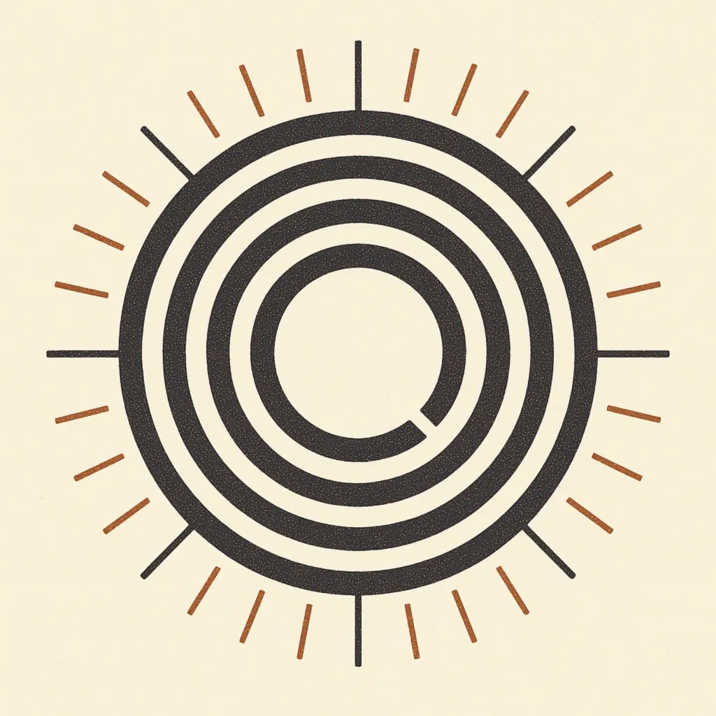 A radial arrangement of nested rings crossed by evenly spaced radial ticks, printed in two inks.