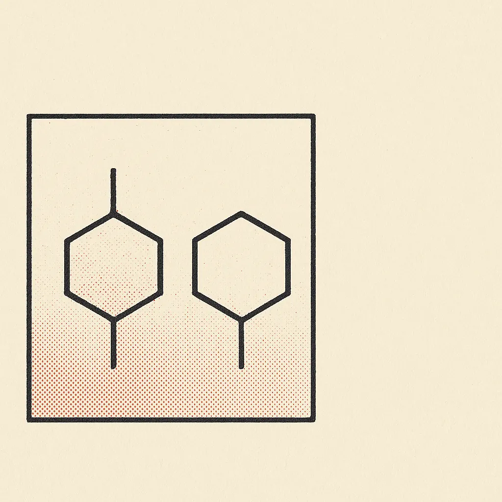 Two near-identical hexagonal ring outlines set side by side as a matched pair inside one hard-edged square boundary, differing only in a single bond stub at the top node, over a halftone wash rising across the lower half.